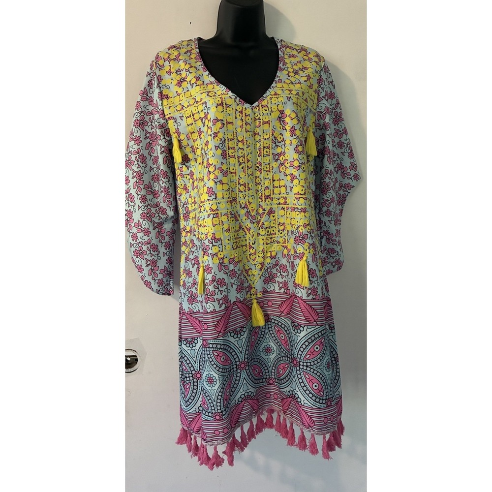 Misslook Tunic Bohemian Tassels Colorful Dress Large Kaftan Pullover Pink Blue